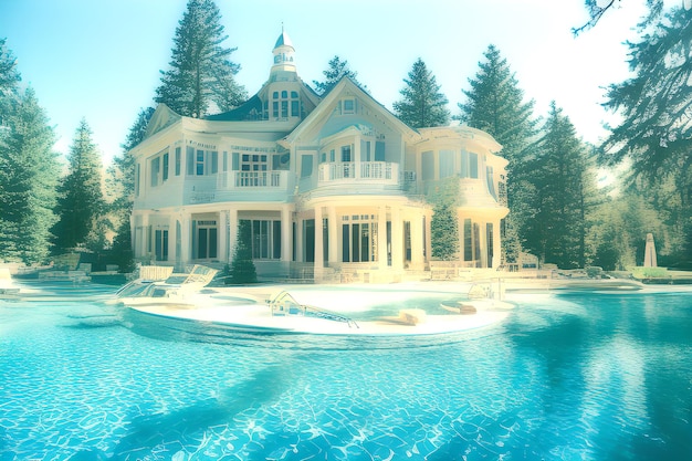 Uma casa grande com uma piscina na frente