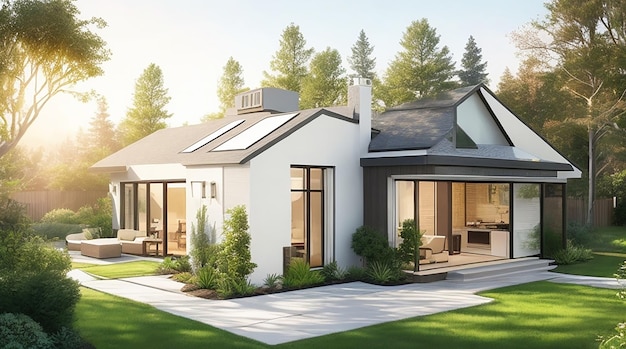 Uma casa inteligente futurista onde a tecnologia encontra a eficiência energética luxuosa e a integração perfeita com a natureza