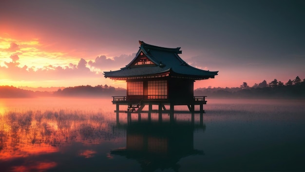 Uma casa japonesa em um lago com um pôr do sol ao fundo