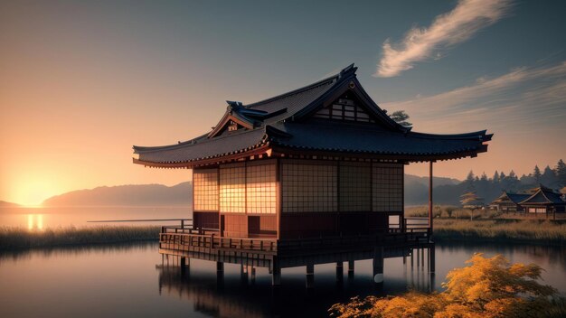 Uma casa japonesa na água com um pôr do sol ao fundo.