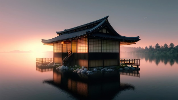 Uma casa japonesa no pôr do sol