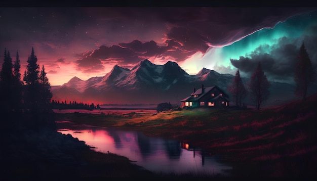 Uma casa junto ao rio com a aurora no horizonte