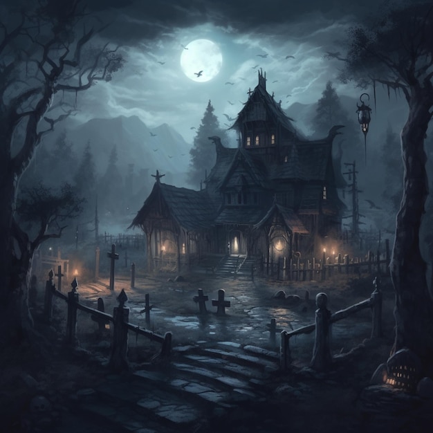 Uma casa mal iluminada em uma floresta assustadora à noite generativa ai