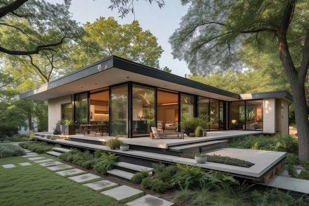 Uma casa minimalista moderna com vista para um parque de bairro exuberante