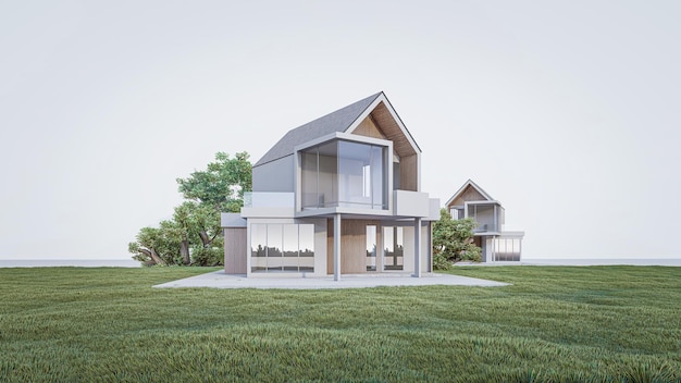 Uma casa minimalista moderna e uma paisagem natural