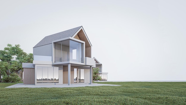 Uma casa minimalista moderna e uma paisagem natural