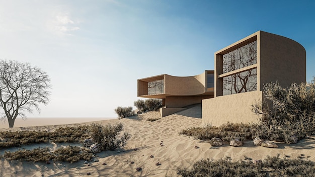 Uma casa minimalista moderna e uma paisagem natural