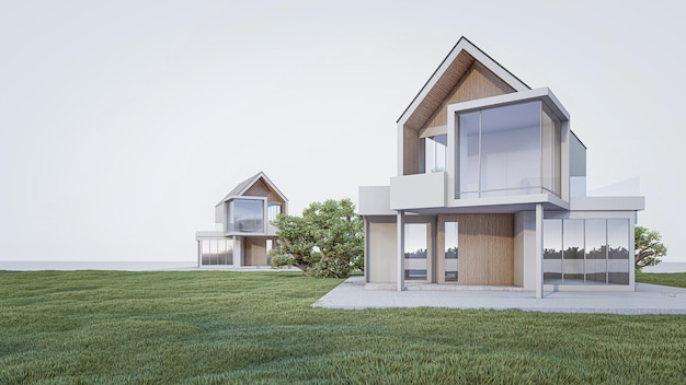 Uma casa minimalista moderna e uma paisagem natural