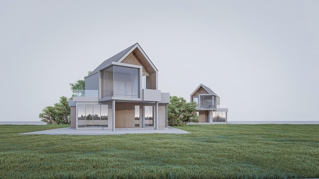 Uma casa minimalista moderna e uma paisagem natural