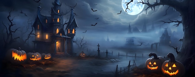 Uma casa misteriosa com abóboras em uma noite escura de lua cheia tema de ilustração de Halloween