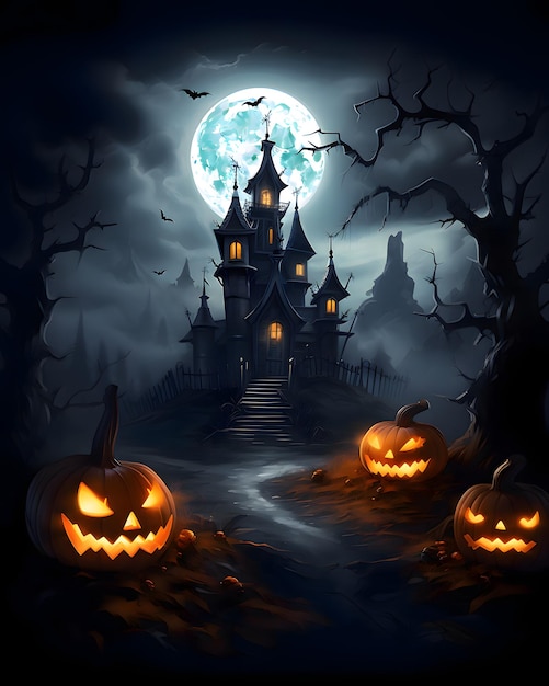 Uma casa misteriosa com abóboras em uma noite escura de lua cheia tema de ilustração de Halloween