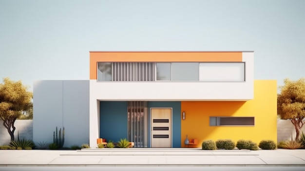 Uma casa moderna com exterior laranja e amarelo e uma porta azul.