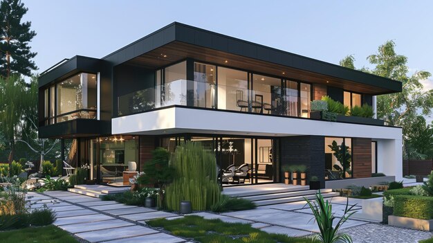 Uma casa moderna com exterior preto e branco no estilo de sabattier rico e imersivo filter ani