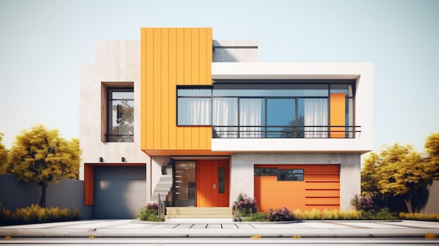 Uma casa moderna com portas laranja e uma porta de garagem.