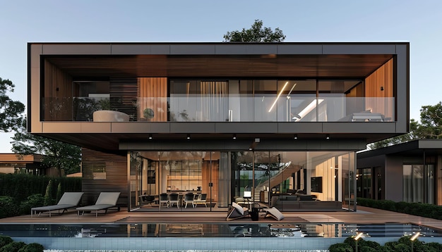 uma casa moderna com uma piscina cercada por árvores verdes exuberantes com uma cadeira branca e uma bla