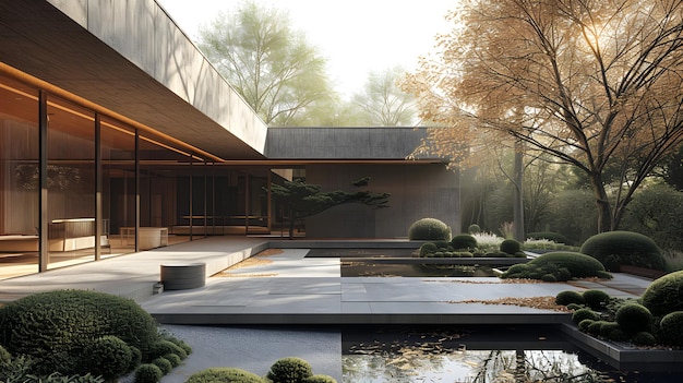 Uma casa moderna de concreto com uma grande piscina no pátio