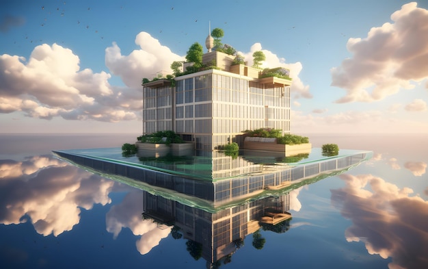 Uma casa moderna em minecraft, com o céu ao fundo.