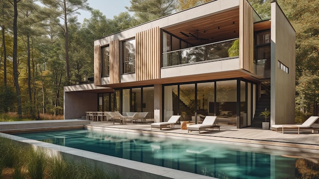 Uma casa moderna em um ambiente florestal com piscina e deck Generative AI