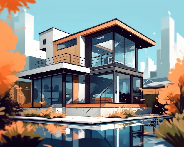 Uma casa moderna mostrada com uma ilustração IA generativa