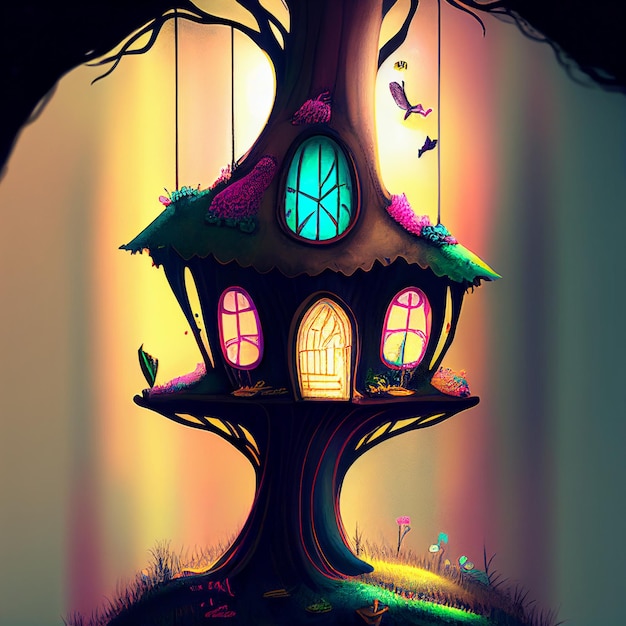 Uma casa na árvore com um arco-íris e uma casa na árvore ao fundo.