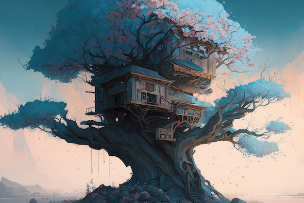 Uma casa na árvore com um céu azul e uma casa nele.