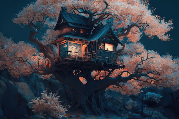 Uma casa na árvore com uma casa nela