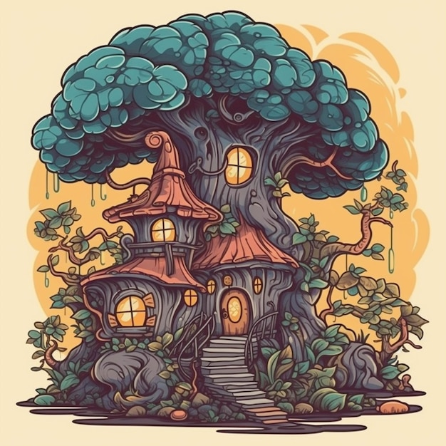 Uma casa na árvore dos desenhos animados com uma escada que leva a ela generativa ai