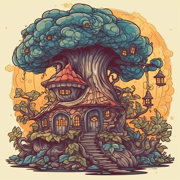 Uma casa na árvore dos desenhos animados com uma escada que leva a ela generativa ai