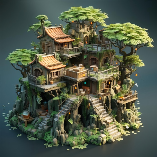 Uma casa na árvore low poly escondida na selva