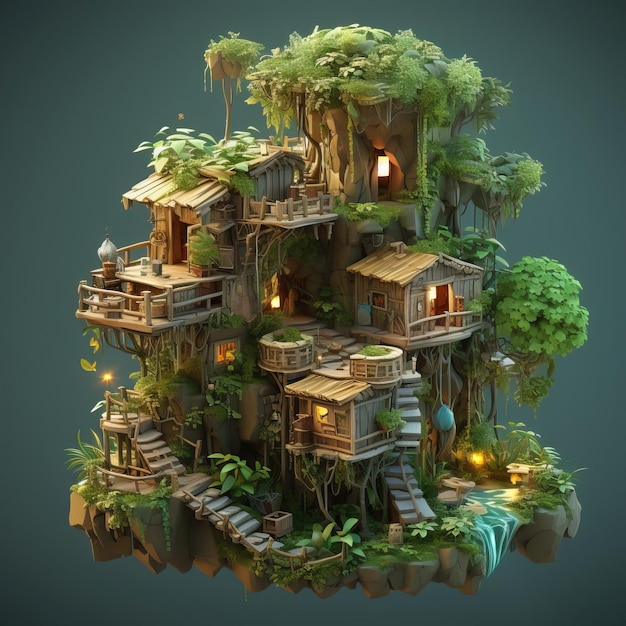 Uma casa na árvore low poly escondida na selva