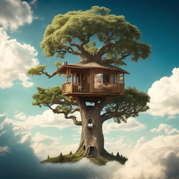 uma casa na árvore situada nas nuvens num dia ensolarado surreal