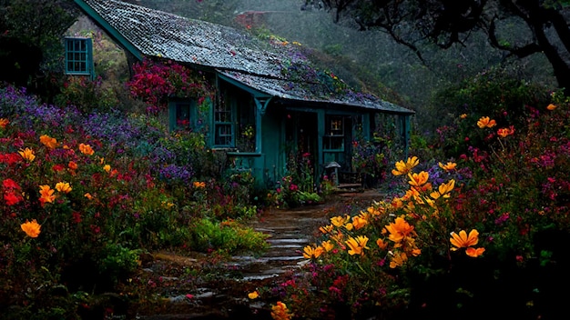 Uma casa na chuva com flores na frente