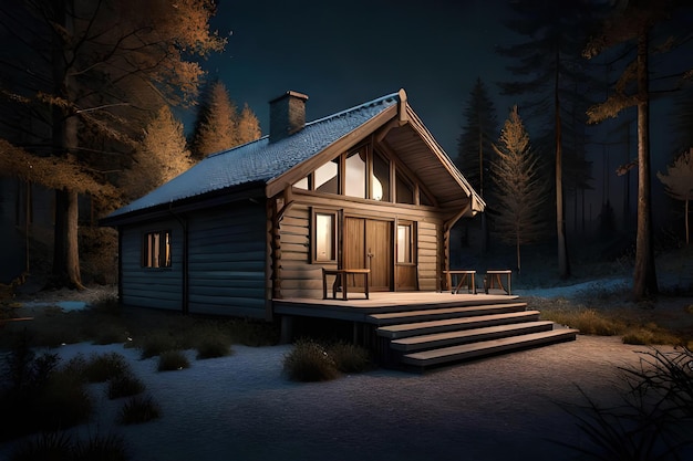 Uma casa na floresta à noite
