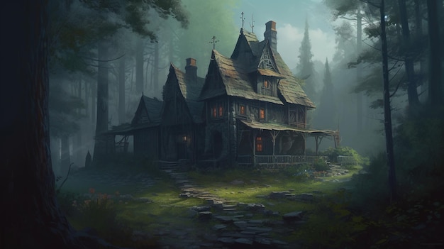 Uma casa na floresta com as palavras'casa na frente'