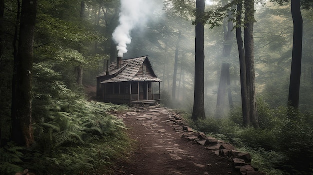 Uma casa na floresta com fumaça saindo dela