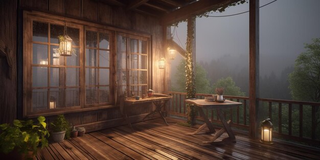 Uma casa na floresta com mesa e cadeiras.