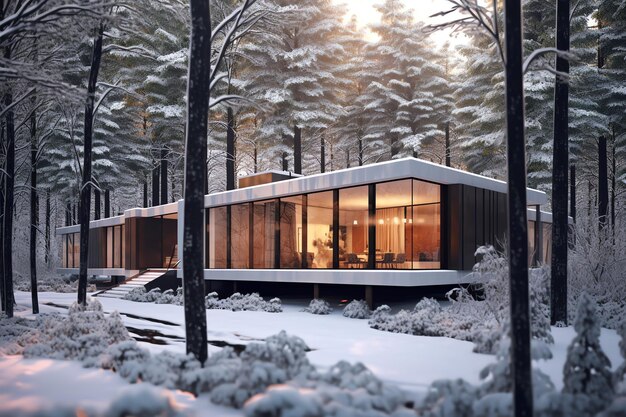 Uma casa na floresta com neve no chão