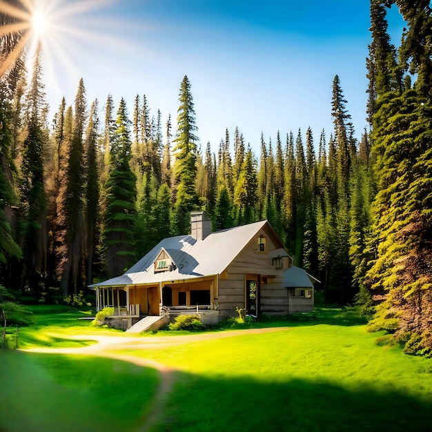 Uma casa na floresta com o sol brilhando no telhado.