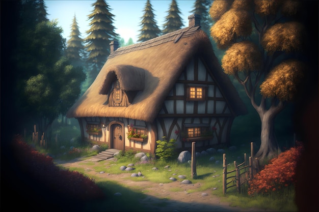 Uma casa na floresta com telhado de palha