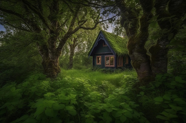 Uma casa na floresta com telhado verde e telhado coberto de musgo.