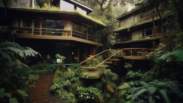 Uma casa na floresta com telhado verde e uma escada que leva à casa.