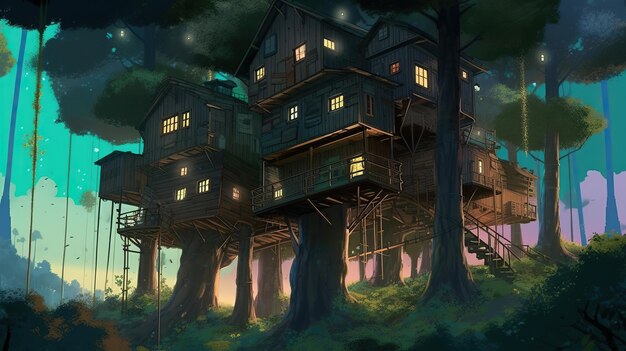 Uma casa na floresta com uma árvore em primeiro plano
