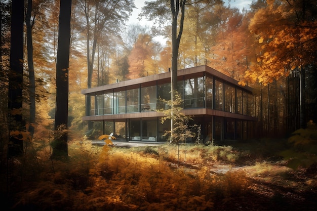 Uma casa na floresta com uma grande parede de vidro