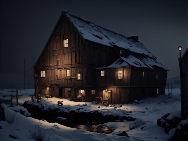 Uma casa na neve com as luzes acesas