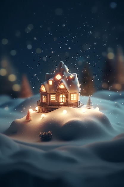 Uma casa na neve com luzes de natal