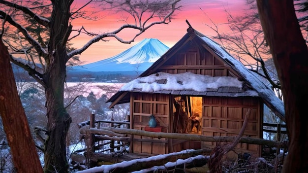 Uma casa na neve com o Monte Fuji ao fundo.