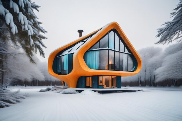 Uma casa na neve com telhado amarelo