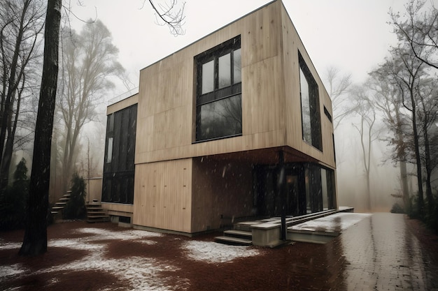 Uma casa na neve com telhado de madeira