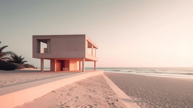 Uma casa na praia com um céu rosa ao fundo