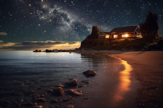 Uma casa na praia sob um céu estrelado